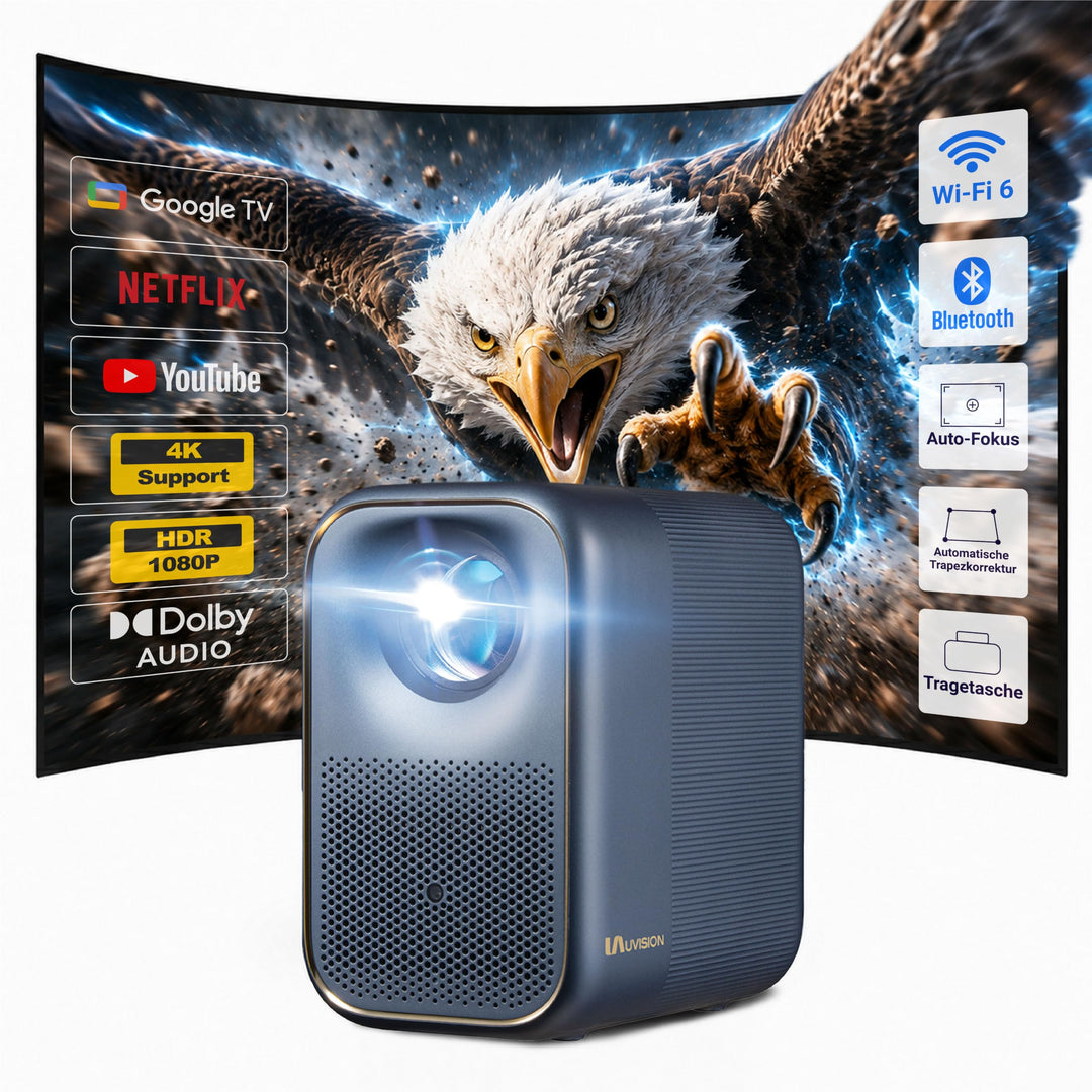 AllPlay Smart Beamer mit Google TV, Full HD 1080p, WiFi &amp; Bluetooth, Autofokus, Aautomatische Trapez