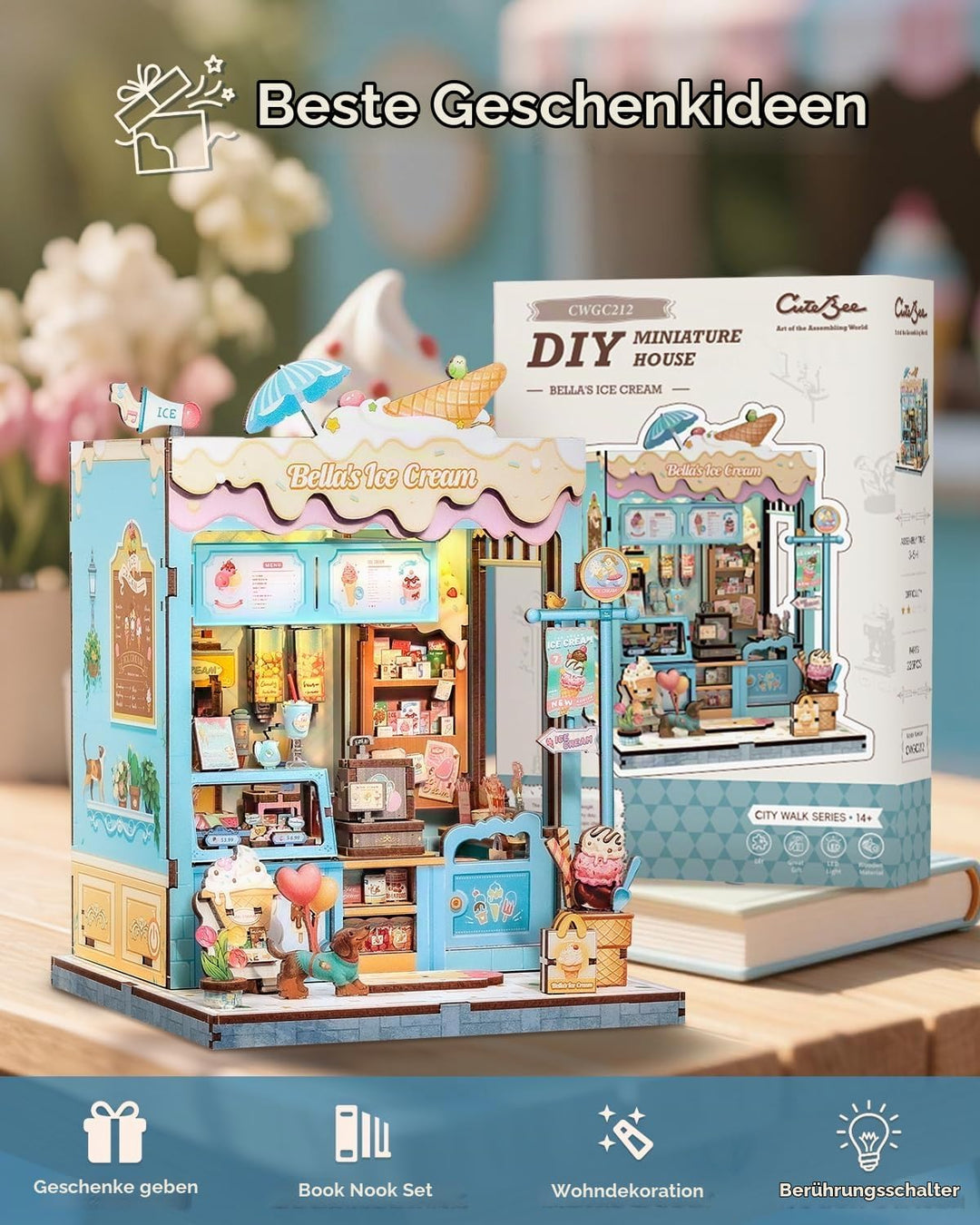 CUTEBEE Sommerliche Süsse 3D-Puzzle Book Nook - Eisgeschäft-Thema Puppenhaus-Set, traumhaft bunt, zu