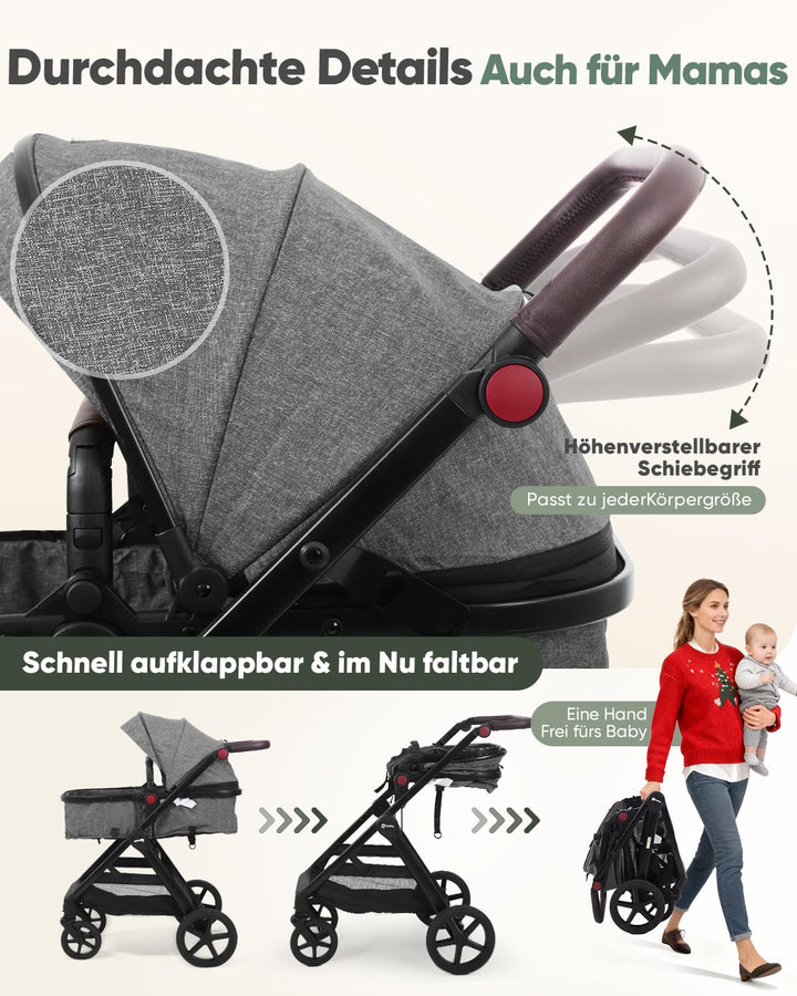 Sekey Kombi Kinderwagen Baby 3 in 1 Komplettset mit Regenschutz und Moskitonetz, Kinderwagen mit Lie