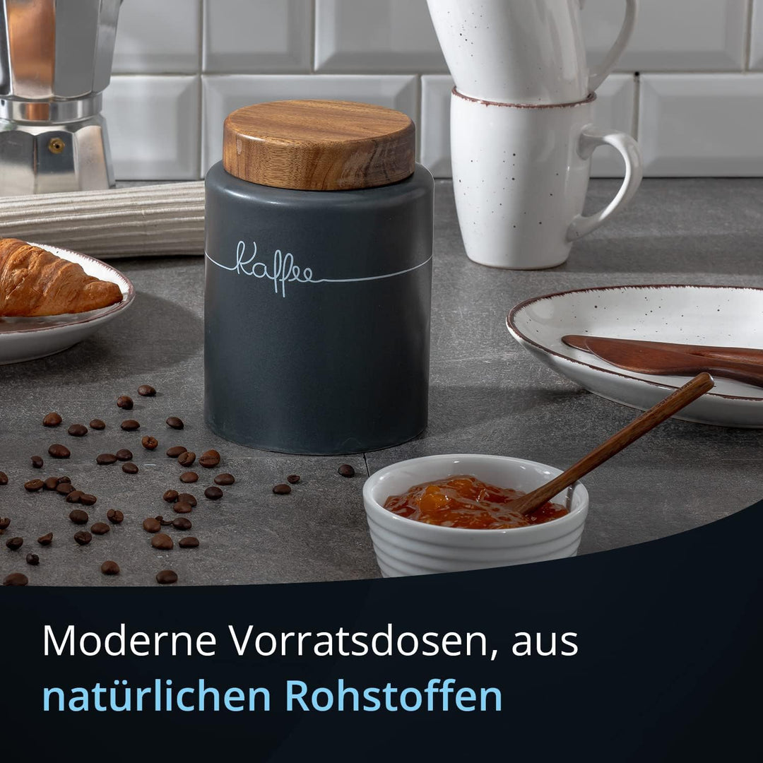 KHG Kaffeedose luftdicht, Keramik Steingut in Anthrazit Grau mit Holz-Deckel, Kapazität 1 Liter, Vor