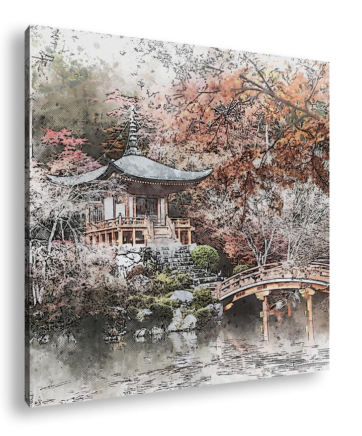 traditionell japanischer Garten Format: 70x70 als Leinwandbild, Motiv fertig gerahmt auf Echtholzrah