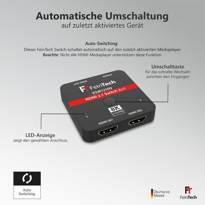 FeinTech VSW12100 HDMI 2.1 Switch 2 in 1 Out 4K 120Hz 8K 60Hz 48Gbps für Xbox PS5