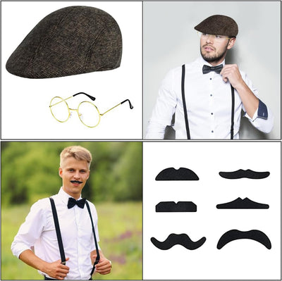 WILDPARTY 20er Jahre Kostüm Herren Accessoires, Faltbarer Krücken Metall, Panamahut, Taschenuhr, Met