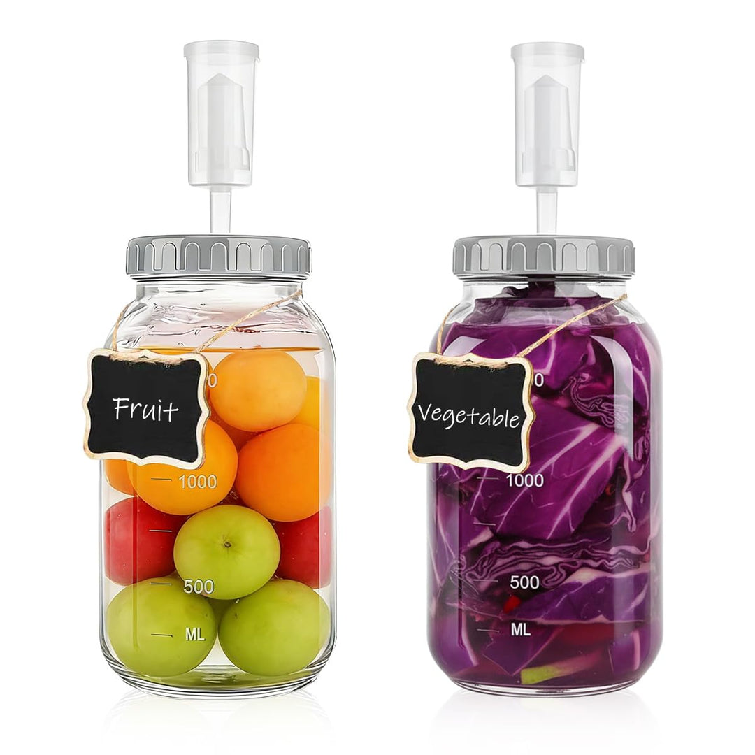 2 Stück Fermentierglas 2L mit Deckel Fermentiergläser Kimchi Behälter Luftschleuse Gärglas mit Etike