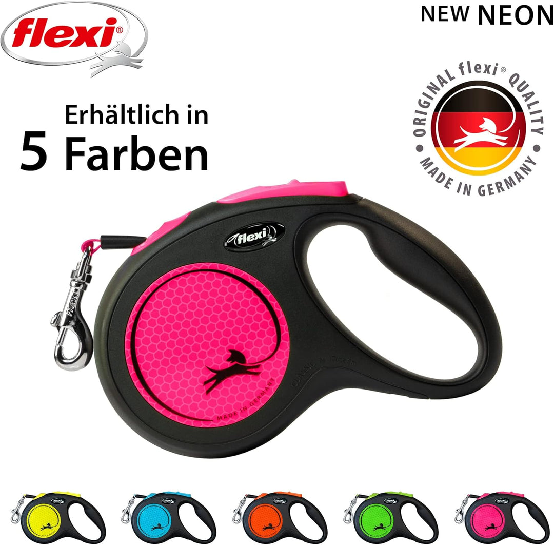 flexi® Neon M Gurt 5 m schwarz, neon-Pinker Gurt, reflektierende Seitenfläche, Roll-Leine für Hunde