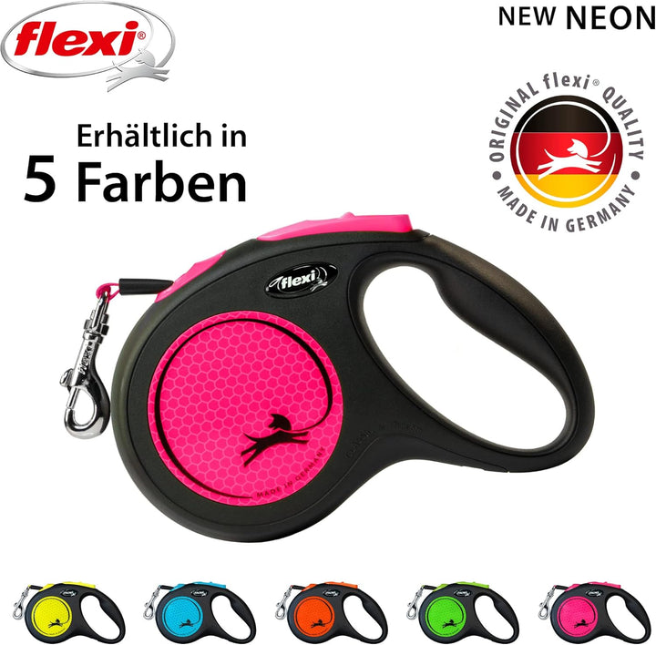 flexi® Neon M Gurt 5 m schwarz, neon-Pinker Gurt, reflektierende Seitenfläche, Roll-Leine für Hunde