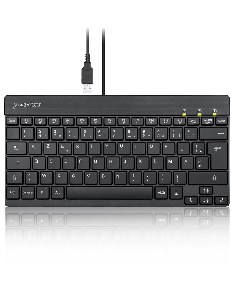 perixx PERIBOARD-426 Mini-Tastatur mit USB-Kabel, Französisch AZERTY, Schwarz, Schwarz