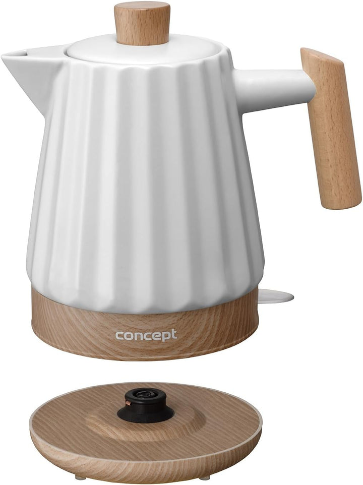 Concept Birdy RK0090 Keramik-Wasserkocher 1,5 L – Stilvoller Wasserkocher in Weiss mit Holzdetails |