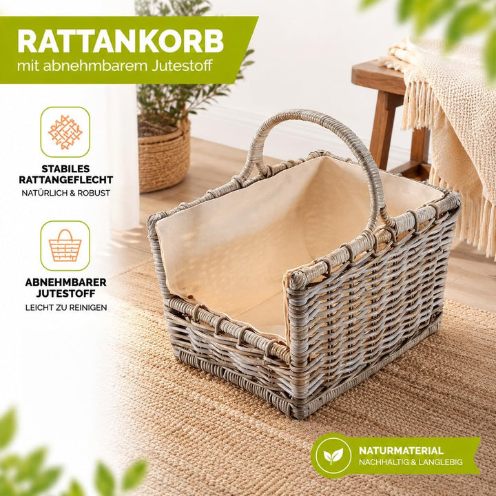 Kobolo Kaminholzkorb Holztrage Holzkorb für Kaminholz Rattan grau mit abnehmbarem, 50x38x33