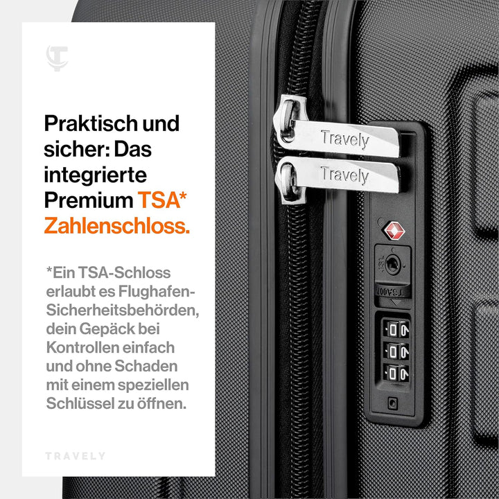 Travely Polycarbonat Koffer Gross 77cm XL - 100L Innenvolumen - 158cm Gurtmass, sehr robuster Hartsc