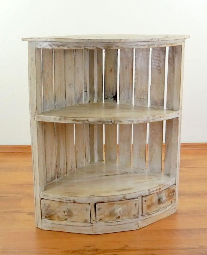 livasia Eckregal mit Schubladen, Standregal, Bücherregal, Holzregal (Whitewash), Whitewash