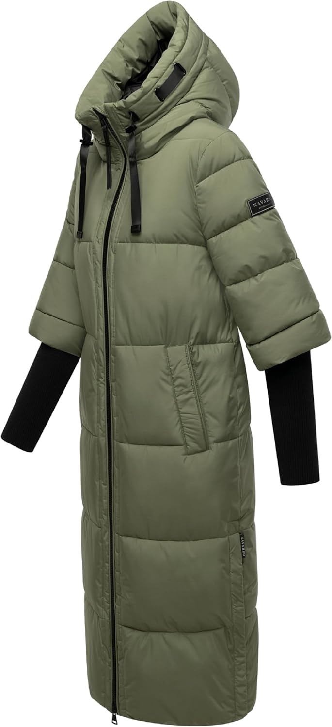 Navahoo Damen langer Wintermantel warmer Steppmantel mit Kapuze und Rippstrickärmeln Ciao Miau XIV X