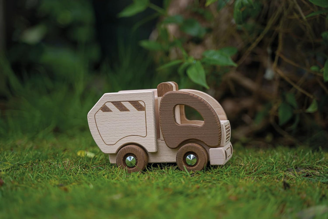 goki 55889 - Müllwagen goki nature - aus massiven robusten Buchenholz - 100% natürlich, ohne Farbe -