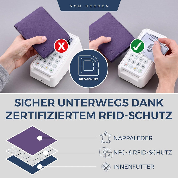 VON HEESEN Leder Geldbörse RFID Schutz I Echtleder Geldbeutel für Damen & Herren I Portemonnaie Brie