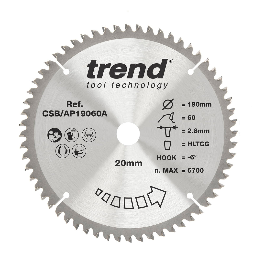 Trend CraftPro Arbeitsplatte Aluminium und Kunststoff TCT Kreissägeblatt, 190mm Durchmesser x 60 Zäh