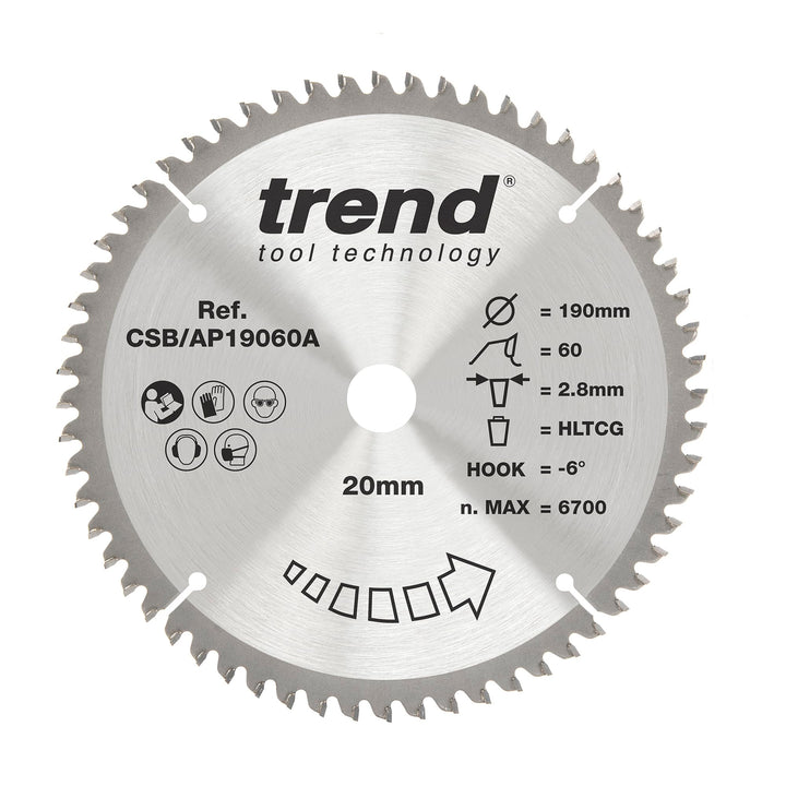 Trend CraftPro Arbeitsplatte Aluminium und Kunststoff TCT Kreissägeblatt, 190mm Durchmesser x 60 Zäh