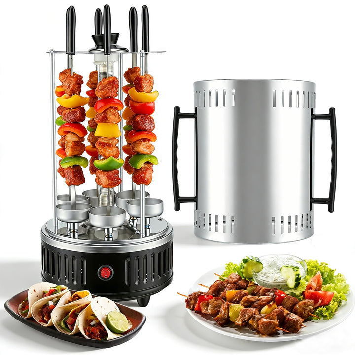 Elektrischer BBQ Tischgrill Vertikalgrill aus Edelstahl, Schaschlikgrill mit 12 Spiessen und 2 Glasr