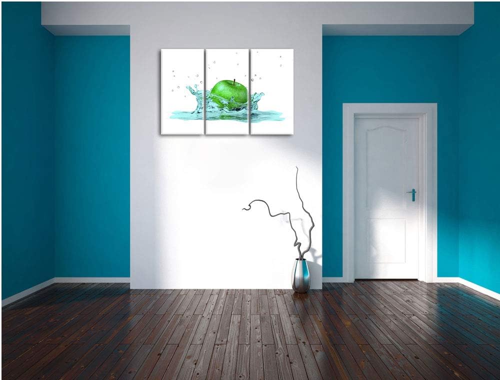 green Apple, Grüner Apfel fällt in Wasser schwarz/weiss 3-Teiler Leinwandbild 120x80 Bild auf Leinwa
