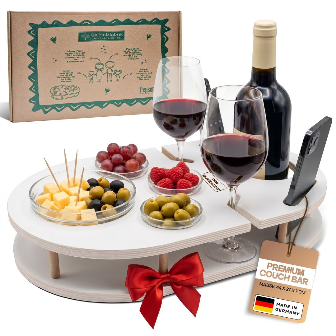 Couchbar Weinbar in Weiss mit 4 Glasschalen | PERSONALISIERBAR | Snackbox für Wein mit Getränkehalte
