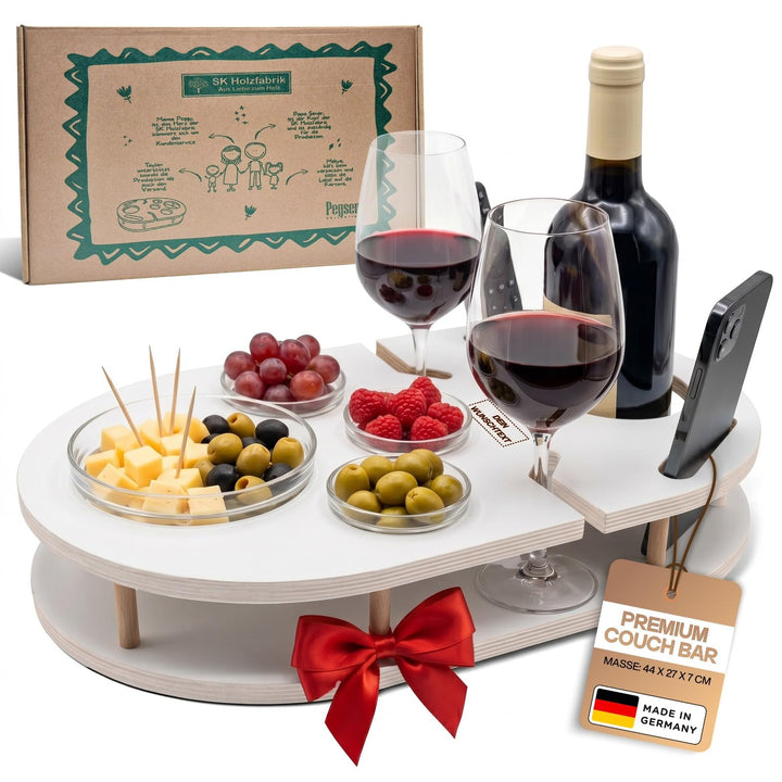 Couchbar Weinbar in Weiss mit 4 Glasschalen | PERSONALISIERBAR | Snackbox für Wein mit Getränkehalte