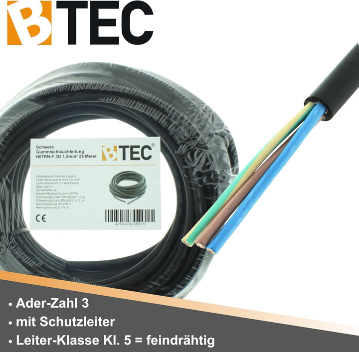 BTEC Schwere Gummischlauchleitung Flexibles Gummikabel Hochwertiges Elektrokabel H07RN-F 3G 1,5 25 M