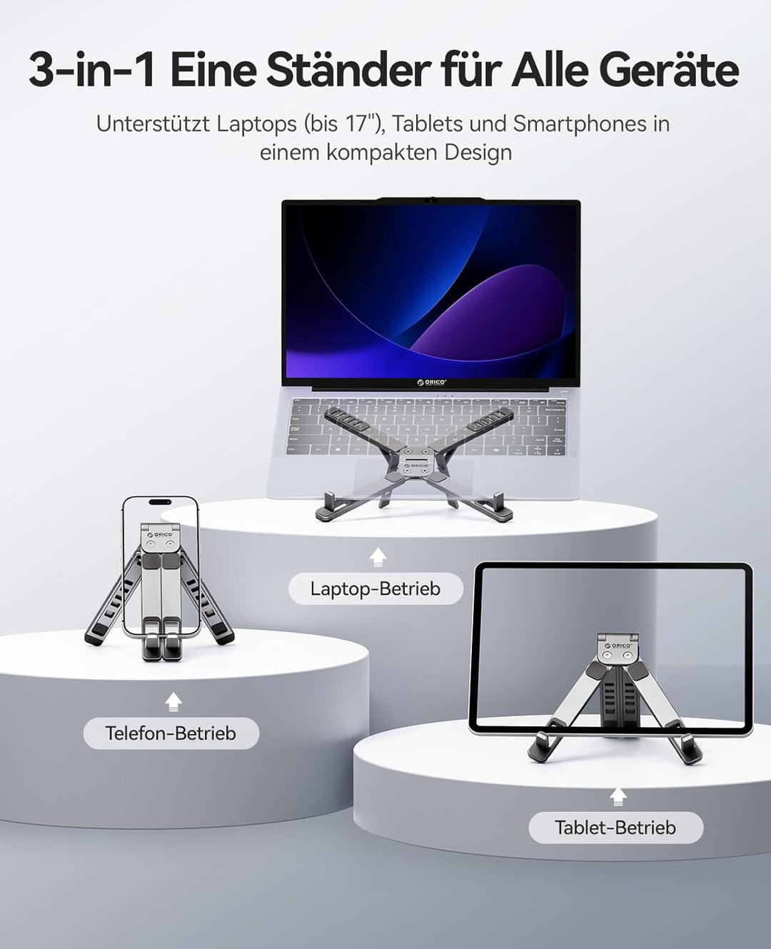 ORICO Tragbarer Laptop Ständer für Schreibtisch &amp; Reise, Faltbarer Aluminium 3-in-1 Halterung für La
