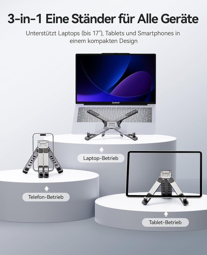 ORICO Tragbarer Laptop Ständer für Schreibtisch &amp; Reise, Faltbarer Aluminium 3-in-1 Halterung für La