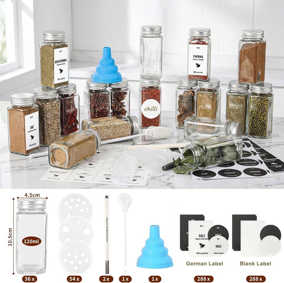 36pcs Gewürzgläser Eckig mit Aluminiumdeckel, 120ml Glasbehälter mit Streueinsatz, Luftdichte Gewürz