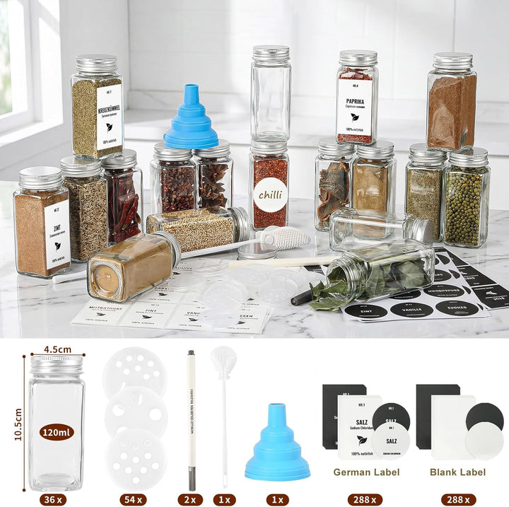 36pcs Gewürzgläser Eckig mit Aluminiumdeckel, 120ml Glasbehälter mit Streueinsatz, Luftdichte Gewürz