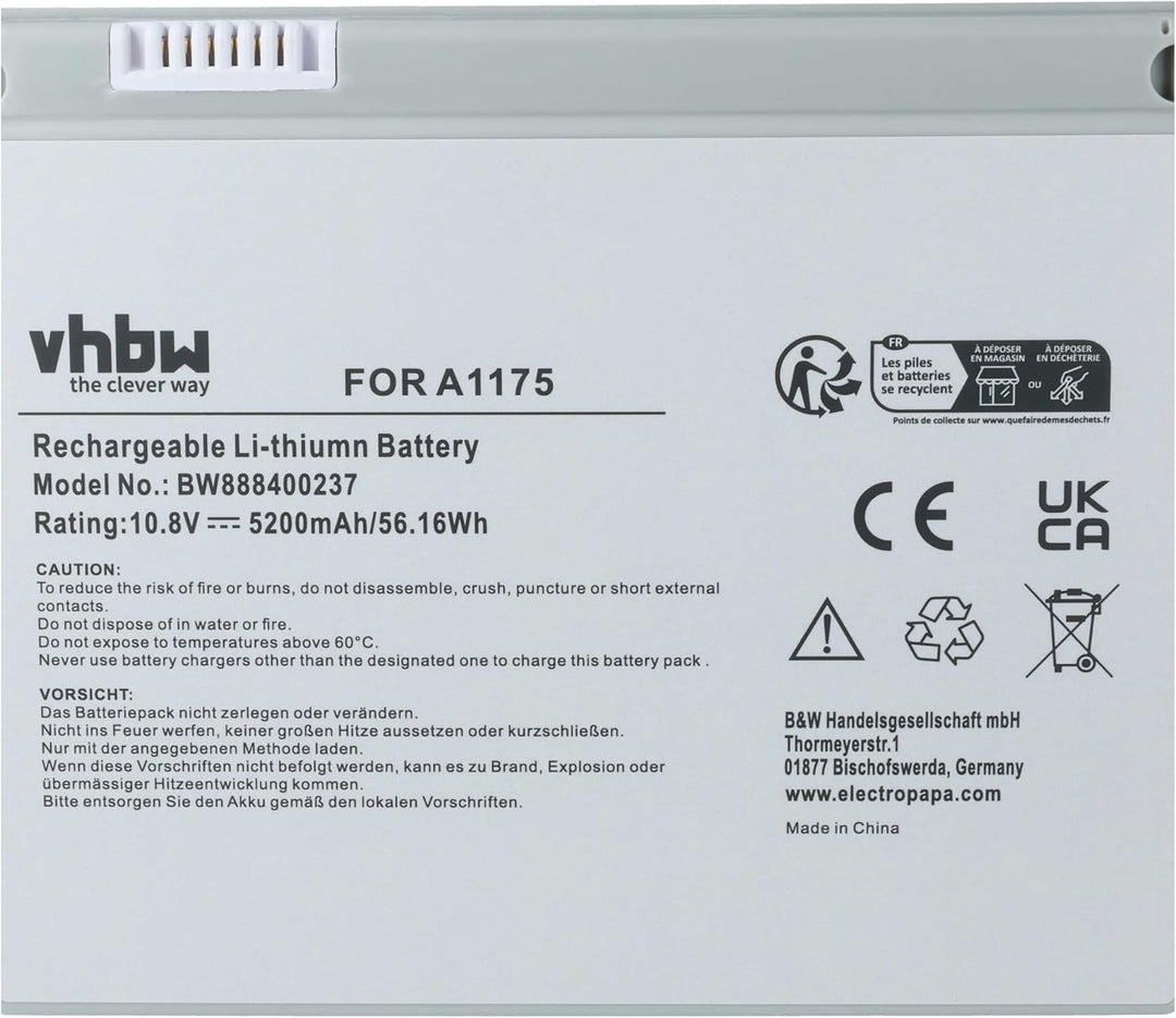 vhbw Akku kompatibel mit Apple MacBook Pro 15 MB134LL/A, 15 MB134X/A Notebook (5200mAh, 10,8V, Li-Po