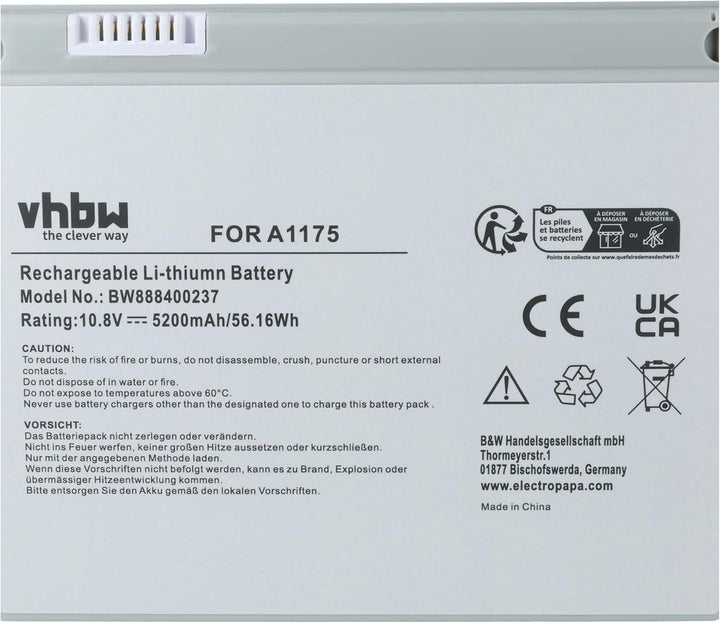 vhbw Akku kompatibel mit Apple MacBook Pro 15 MB134LL/A, 15 MB134X/A Notebook (5200mAh, 10,8V, Li-Po