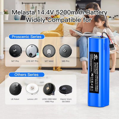 melasta 14.4V Li-Ion 5200 mAh Ersatz Akku Batterie für Proscenic M7 M8 Pro/Lydsto R1 / Uoni V980 Plu