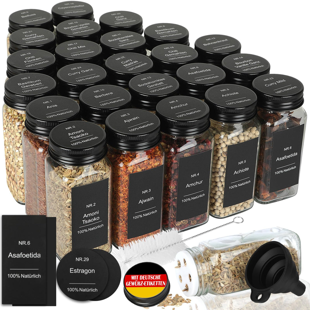24er Set Gewürzgläser Eckig mit Streueinsatz - mit 324 Deutsch Wasserfeste Label - 120ml Luftdichte