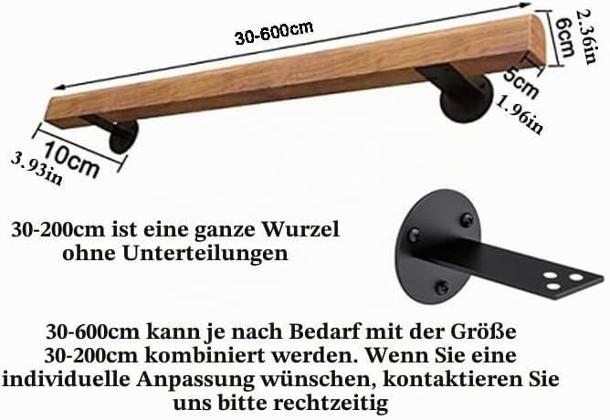 Handläufe für Treppen 30-600cm Holzhandlauf mit Halterungen, Rutschfeste Treppengeländer Stützstange