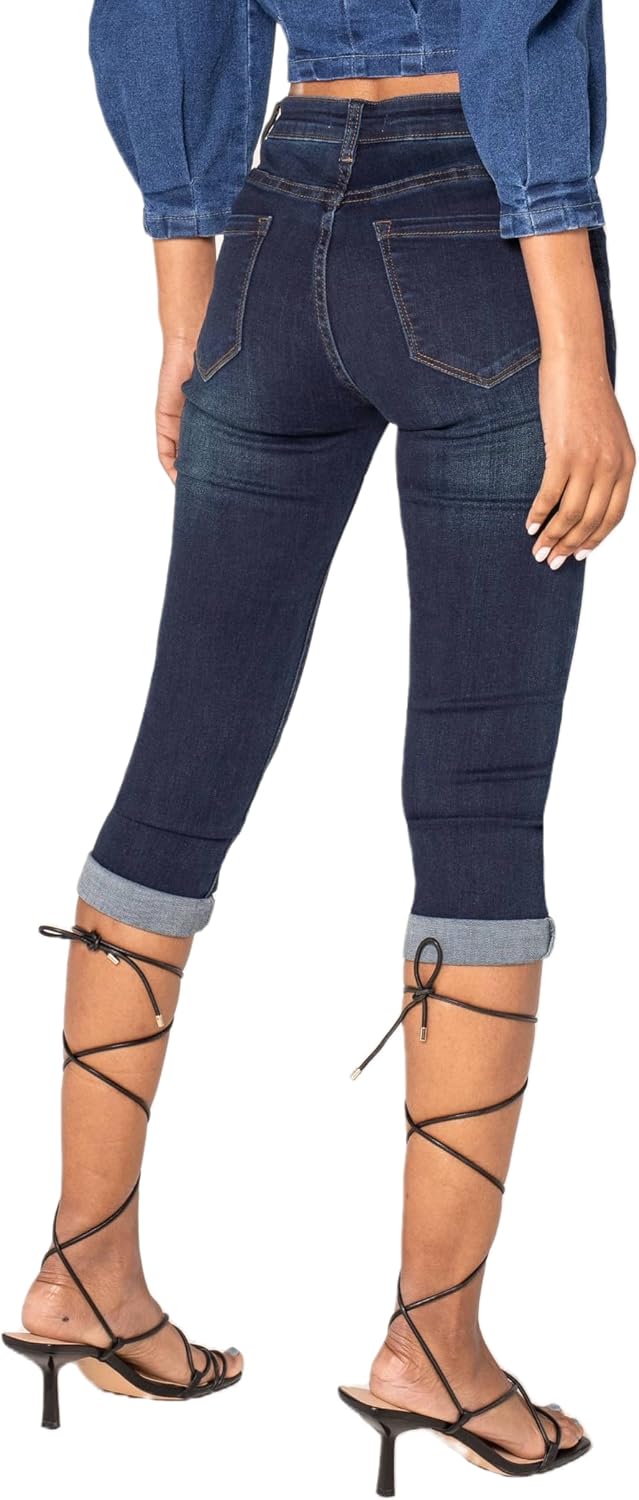 Nina Carter P132 Damen Capri Skinny Fit Jeanshosen HIGH Waist Jeans Used-Look Waschungseffekt M Dunk