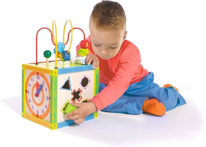 Eichhorn buntes Spielcenter, Motorikwürfel mit Motorikschleife, Uhr, Motorikspiel, Grösse: 20x20x36