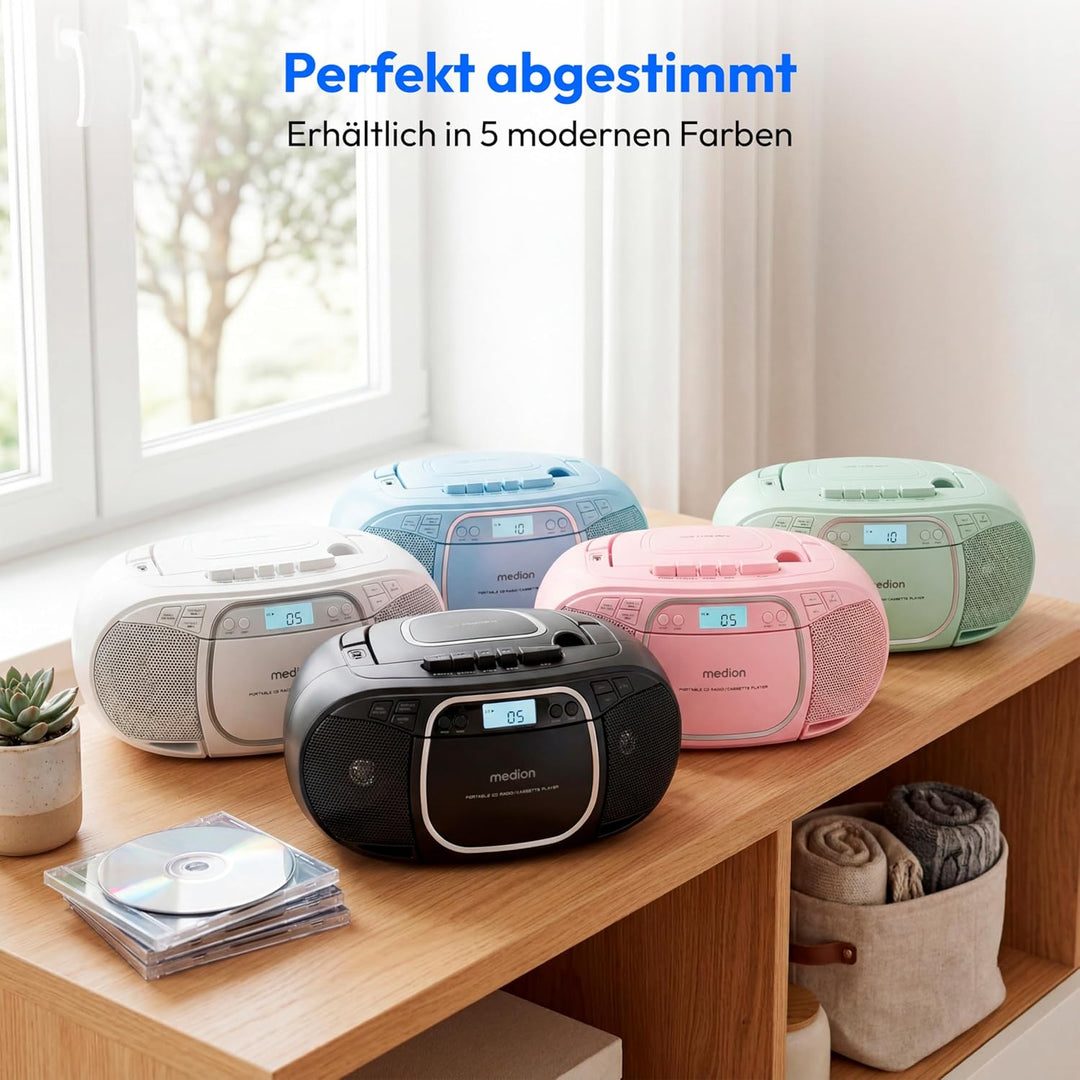 MEDION E66476 Stereo Sound System (Boombox, CD-Player, MP3, Kassette, tragbarer Kassettenspieler für