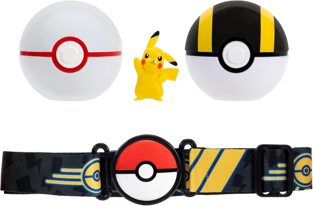 Pokémon PKW4741 - Pikachu Clip 'N' Go Gürtel-Set - Pikachu Battle Figur mit Premierball, Hyperball u