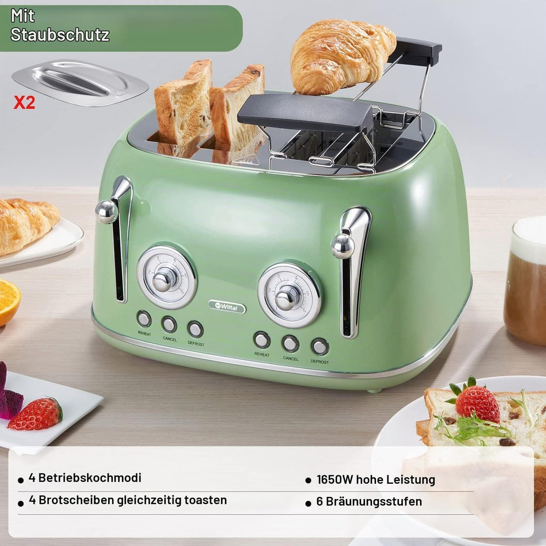 Wiltal Toaster 4 Scheiben, Toaster Langschlitz, Edelstahl Gehäuse, mit Integrierten Brötchenaufsatz,