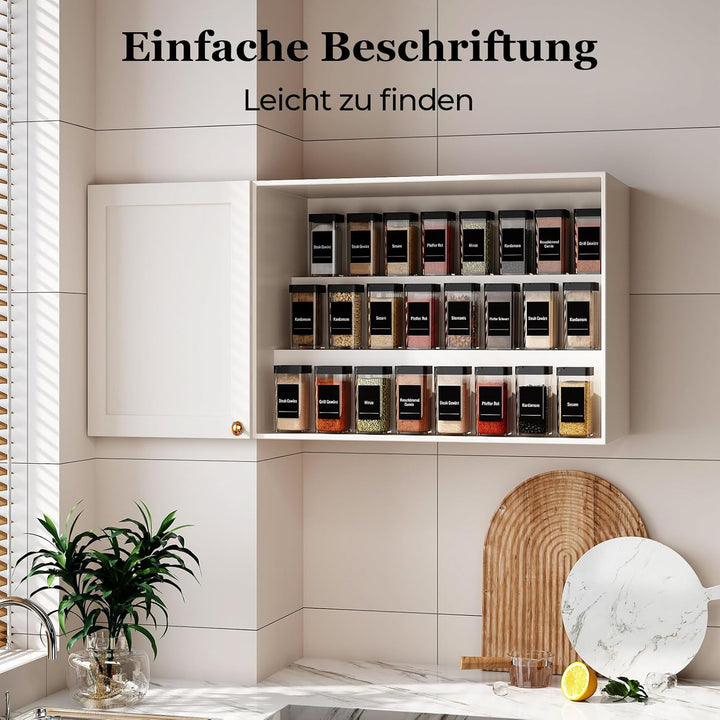Gewürzgläser Eckig Set mit Deckel [24 x 120ml], Stabiler Plastik Gewürzstreuer Luftdichte, Gewürzdos