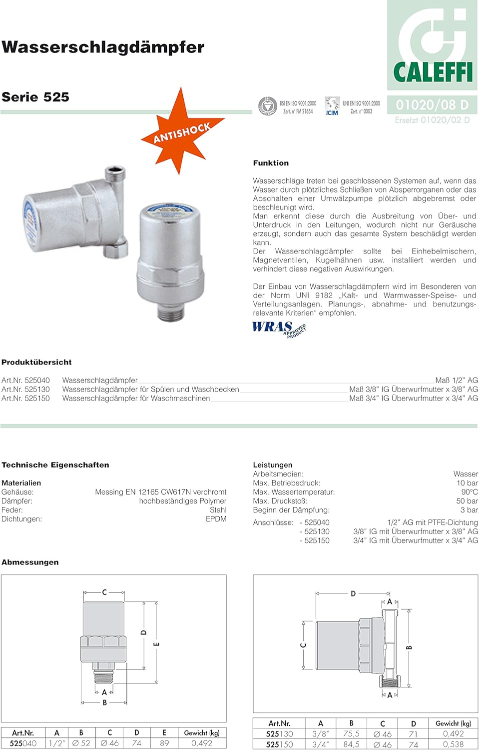 Caleffi Wasserschlagdämpfer Messing, verchromt Überwurfmutter 3/8" IG x 3/8" AG 525130