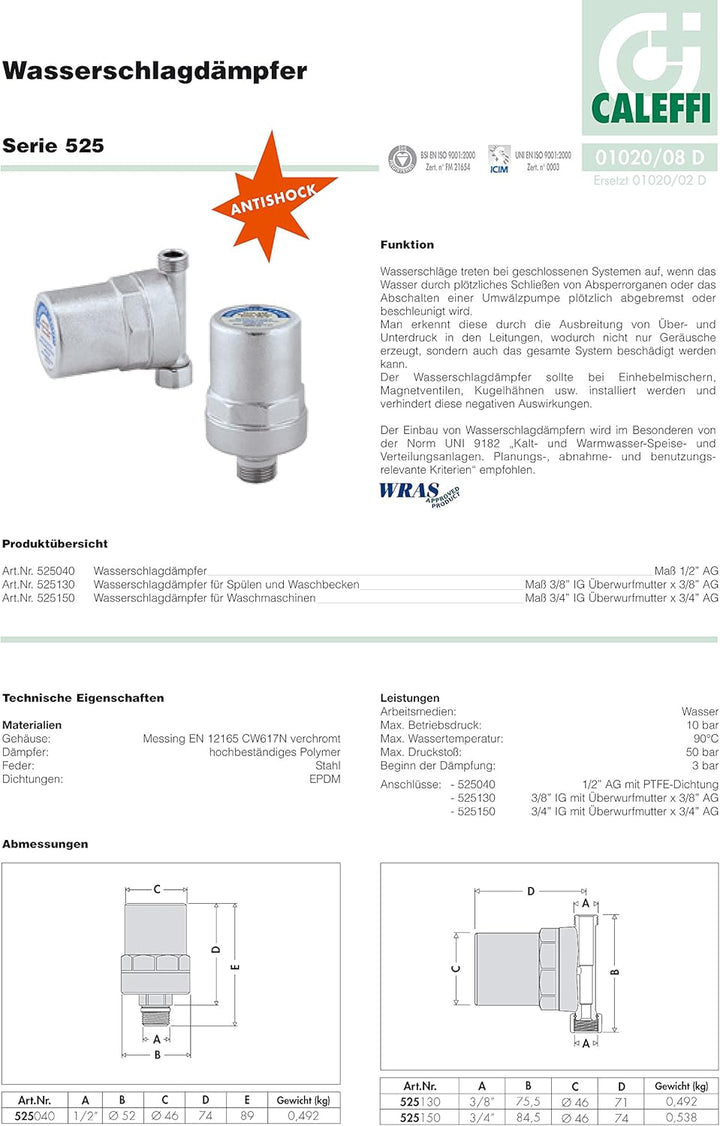 Caleffi Wasserschlagdämpfer Messing, verchromt Überwurfmutter 3/8" IG x 3/8" AG 525130