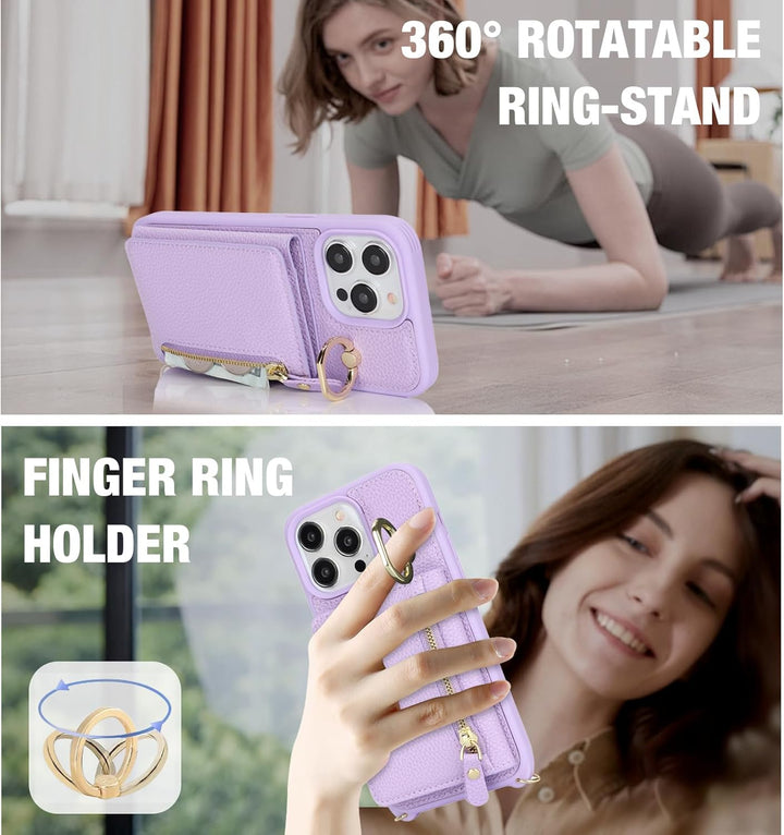 ELTEKER Handyhülle für iPhone 15 Pro Max Hülle mit Band Kartenfach Ringhalterung Geldbörse,Leder Kla