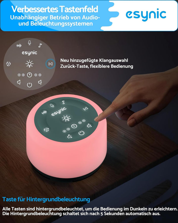 eSynic White Noise Machine–30 Klangoptionen, Schlafhilfe & Meditationshilfe, 7 LED-Farblichter, Atem
