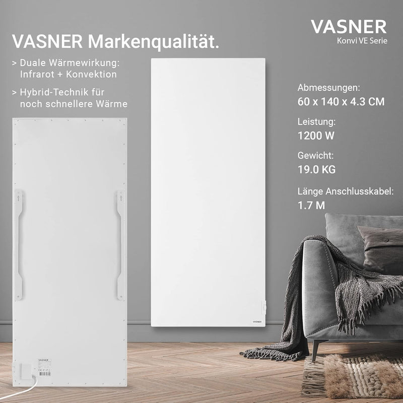 VASNER Konvi VE Hybridheizung vertikal – Hybrid Elektroheizung mit Thermostat, vertikales Design, 90