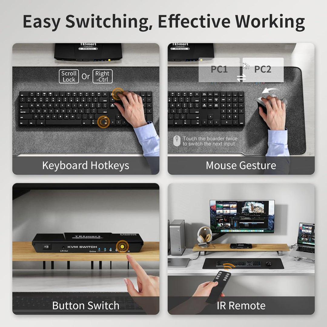 TESmart HDMI KVM Switch, 2 PC 1 Monitore Switch 4K 60Hz mit Kabel×2, EDID Emulator, Audio Extractor,
