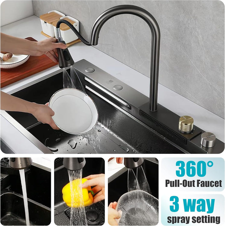 MWIDCIEW Küchenspüle Schwarzgrau Edelstahl mit Wasserhahn Ausziehbar Raindance Wasserfall Spüle Küch
