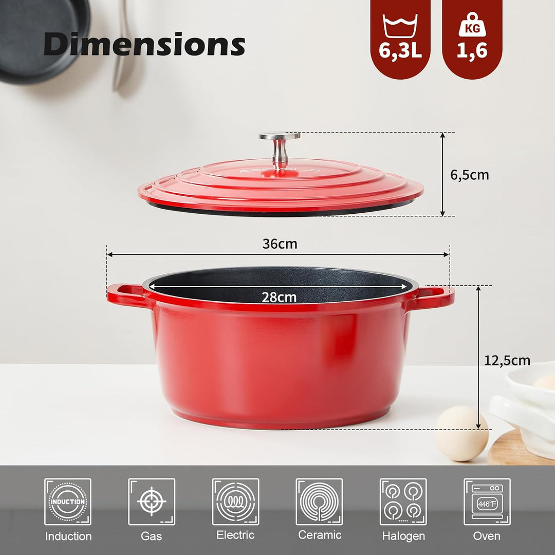 Bräter mit Deckel Schmortopf Induktion 28 cm Dutch Oven Stil, 6,3 L | Brot Backen, leichter als Guss