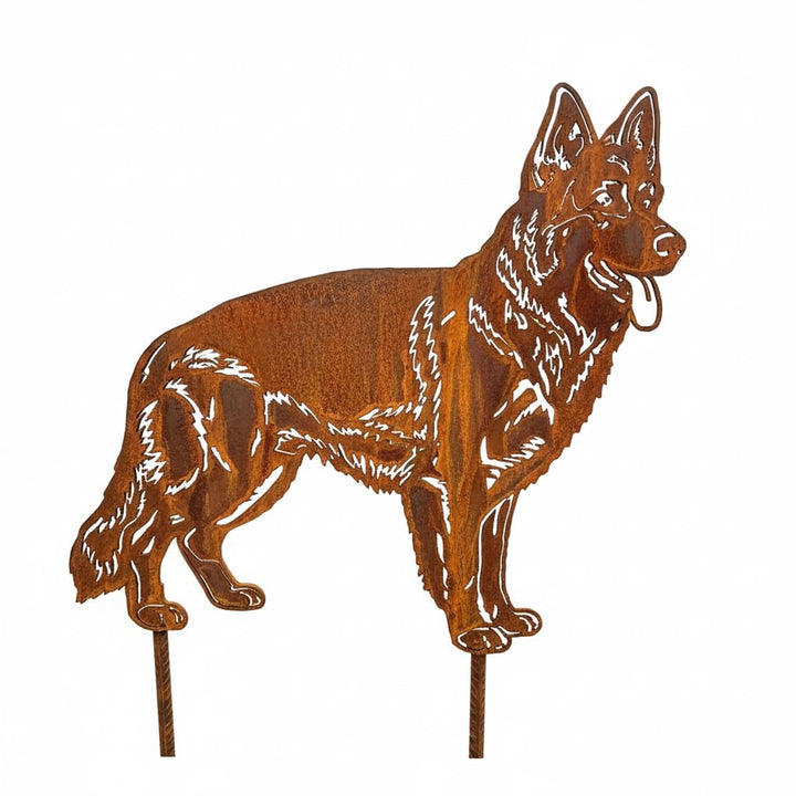 Edelrost Gartenstecker Altdeutscher Schäferhund - Rost Deko Hund Rostfigur Gartendeko für Draussen -