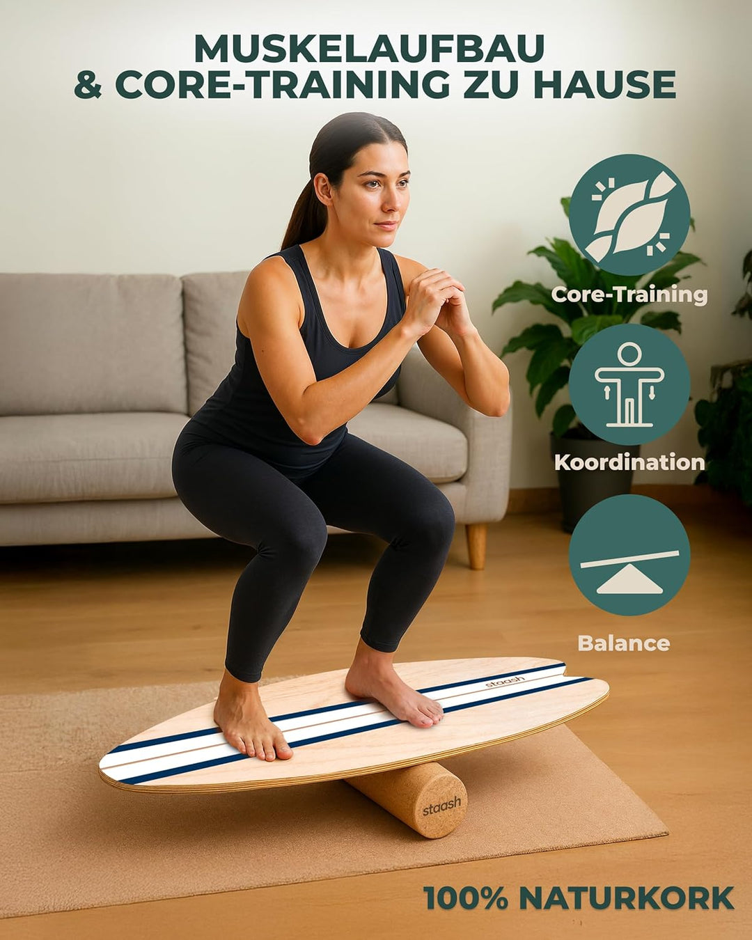 STAASH® Balance Board Holz – Pro Gleichgewichtstrainer inkl. Schutzmatte, Rolle, Halbkugel, Korkball